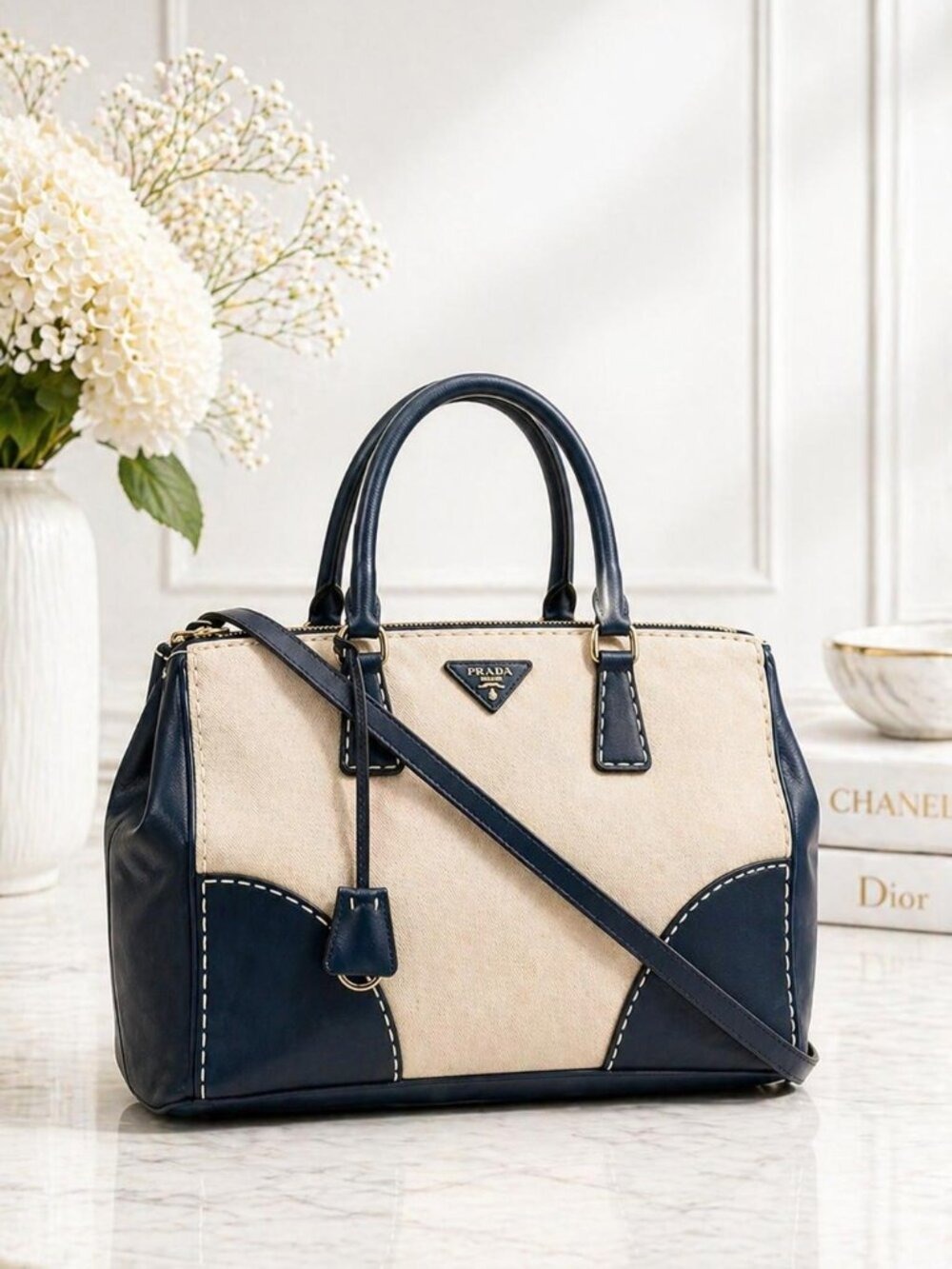 Authentic Prada Two Tone Leather Canvas Tote Satchel Crossbody Bag